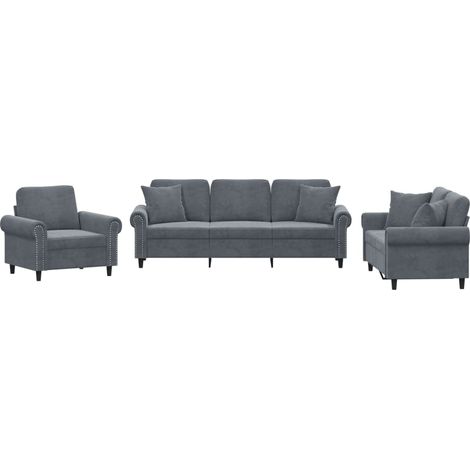 Ensemble de Canapé  Sofas 3 pcs avec coussins gris foncé velours