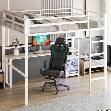 Lit mezzanine 140 x 200 cm en métal blanc avec bureau, rangements et prises USB Type-C (1/5)