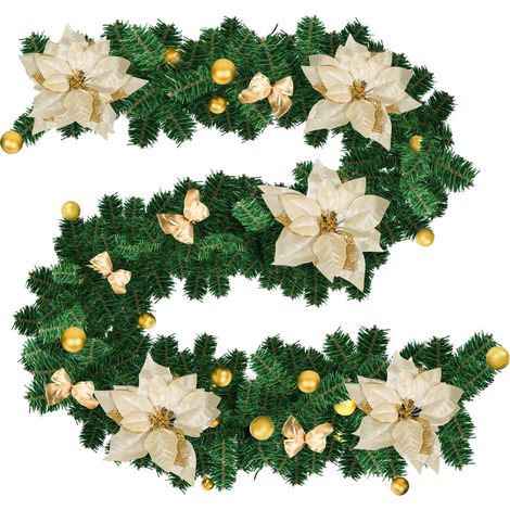 Jiubiaz Ghirlanda di pino artificiale 2,7 m con palline, fiori e fiocchi dorati (1/5)