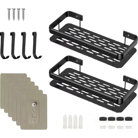 Juego de 2 estantes adhesivos para ducha con 4 ganchos, organizador de ducha de aluminio espacial - Resistente a la corrosión, impermeable y fácil de instalar.
