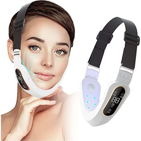 Dispositivo per eliminare il doppio mento, fascia elettrica per rassodare il viso, apparecchio per tonificare la mandibola con doppia modalità, massaggiatore facciale a forma di V con luce blu. (1/4)