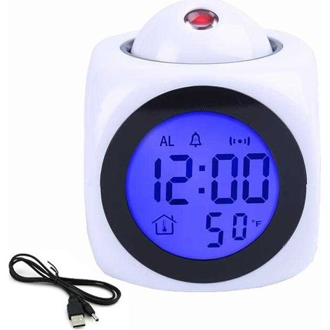 Réveil blanc avec sonnerie anglaise et câble USB, réveil multifonctionnel avec sonnerie anglaise, réveil à projection LE (1/5)