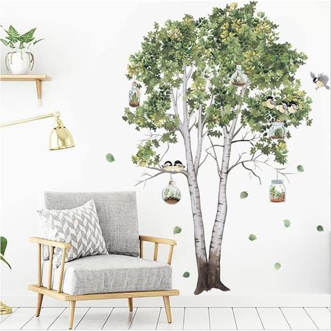 Stickers Muraux Arbre et Oiseaux Autocollant Mural Bouleau Vert Deco Stickers Salon Chambre Enfants Bébé Décoration 72x102cm (1/5)