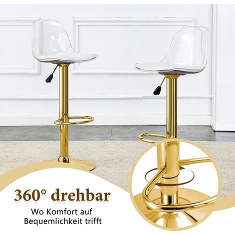 Set de 2 tabourets de bar réglables en hauteur : dossier transparent, pieds en métal doré, hauteur ajustable de 82 à 104 cm, assise pivotante à 360°. (1/5)