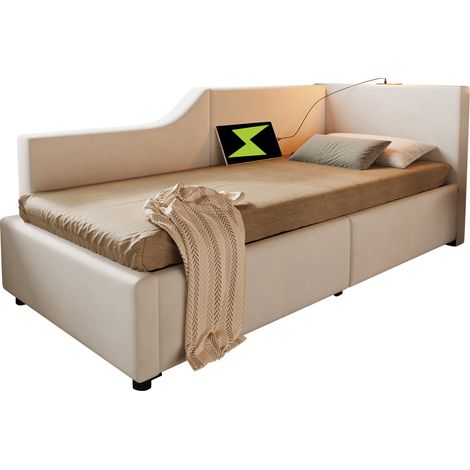 Lit Banquette Lit Simple avec Coffre Hydraulique, Lampe de Lecture et USB-C, 90 x 200 cm, sans Matelas, Beige (1/5)