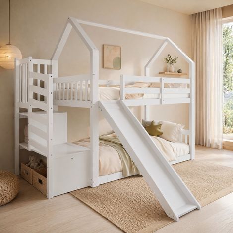 Etagenbett 90x200 cm Weiß aus Kiefernholz und MDF mit Rutsche und Stauraumtreppe (1/5)