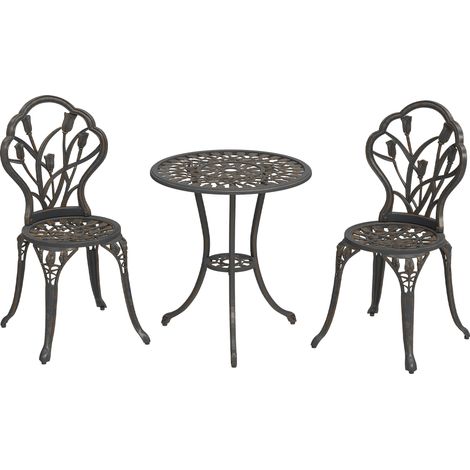 3-teiliges Garten-Set bestehend aus 2 Stühlen und einem runden Tisch mit Sonnenschirmloch, Bronze