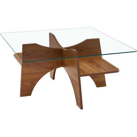 CHICFURN Mesa de centro cuadrada 80 cm en vidrio de seguridad y acabado nogal (1/5)