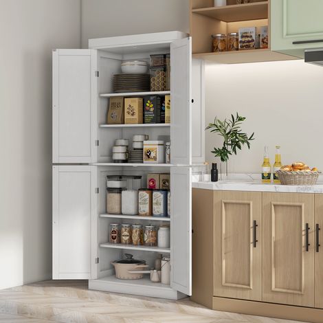 Blanc - Meuble de cuisine haut avec 6 étagères et 2 portes, placard de garde-manger avec étagères réglables en bois, 76x40,5x184 cm (1/4)
