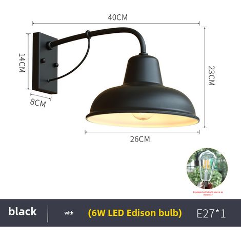 Aplique de pared LED retro para exteriores, lámpara de jardín para villas o terrazas residenciales, outlet de fábrica (aplique de pared negro para exteriores con bombilla Edison). (1/5)