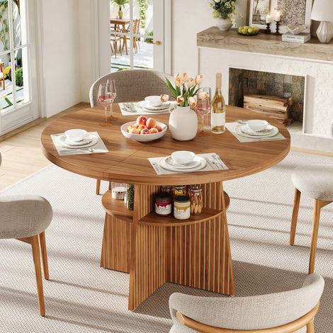Table de salle à manger ronde extensible 110-150x110x77,5 cm, table de cuisine pour 2 à 8 personnes, table à manger peu encombrante avec plateau extensible et espace de rangement intégré, table en boi (1/5)