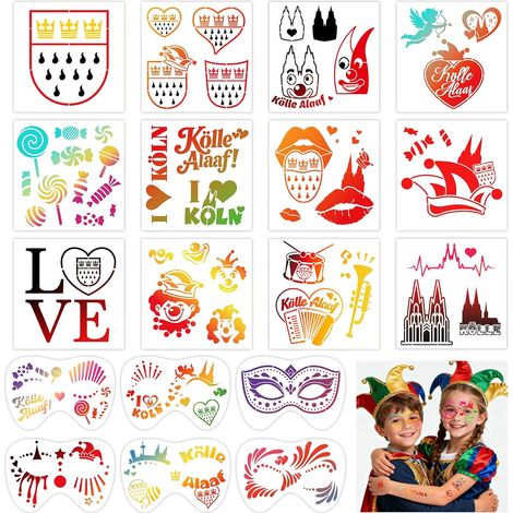 18 pochoirs de peinture faciale pour le Carnaval de Cologne, pochoirs de peinture faciale r¨utilisables pour le Carnaval Klle Alaaf, utilis¨s pour le maquillage d'Halloween lors de f¨ºtes (1/5)