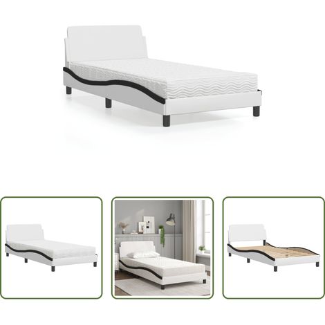 Kunstlederbett - Bett mit Matratze "Dover" Weiß und Schwarz 100x200 cm Kunstleder (1/5)