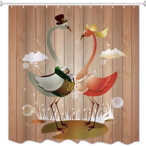 Couple Birds Wooden Planks Floor Print Bath Curtains Mildew Resistant Waterproof for Accessories180x180cm (1/3)