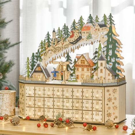 Calendario dell'Avvento decorativo natalizio, 24 cassetti, luci a LED, 39 cm x 9 cm x 42 cm, bianco + verde (1/5)