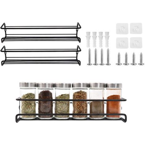 Lot de 2 étagères à épices - Organisateur de cuisine sans poinçon - Étagère à épices en métal pour murs et armoires de cuisine - Noir, Noir - 29,2 x 6,5 x 6,5 cm