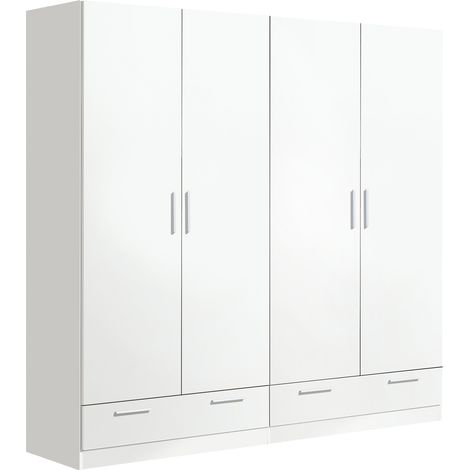 Pegane – Armoire de rangement 4 portes 2 tiroirs blanc – Dimensions 202x51x200 cm – Panneaux de particules mélamine – Fabrication espagnole (1/2)