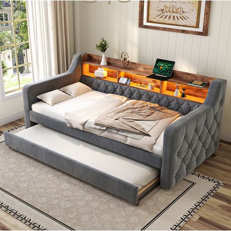 MEUBLIV Letto 90x190 cm grigio scuro – con LED, USB-C e vano contenitore, senza materasso (1/5)