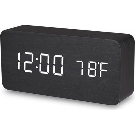 Reloj digital a pilas para la decoración del dormitorio y la sala de estar, reloj de mesilla con indicador de temperatura, acabado en madera para oficina (negro). (1/5)