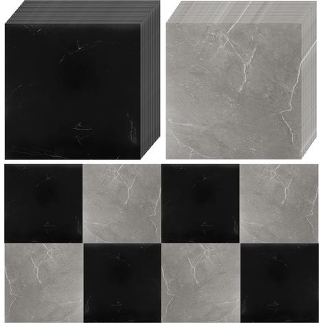 Lot de 40 Dalles Sol PVC 30x30 cm, Revêtement Vinyle Effet Marbre Noir Gris, Adhésif Imperméable Cuisine Salle de Bain (1/5)