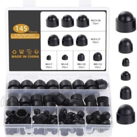 Pair 145 Pièces Cache Ecrou, M4 M5 M6 M8 M10 M12 Cache Boulon Noir Bouchon Ecrou Cache Tete de Vis Capuchon Ecrou, Hexagonal Protection Cache pour Écrous Vis Boulons (1/5)