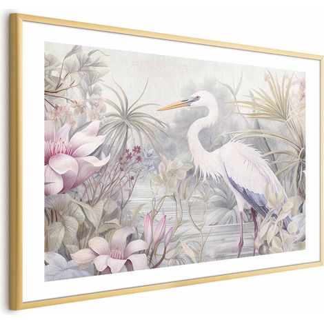 Poster – Reiher watet in einem Teich – farbenfrohe Illustration (1/4)