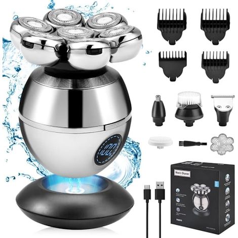 Rasoir électrique 6 en 1 pour hommes, comprenant un rasoir pour la tête, une tondeuse à barbe et un nettoyant visage. Kit de soin complet. (1/5)