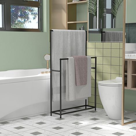 Porte-serviettes sur pied à 2 barres, en métal noir, design stable et antirouille, pour salle de bain, séchage rapide et gain de place  CHICFURN (1/5)