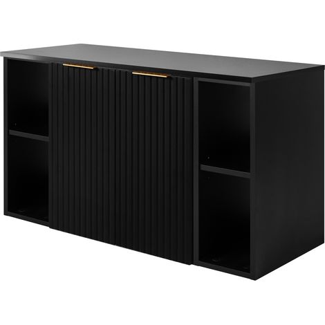 Furnidea - Meuble sous vasque suspendu FLOW NOIR 100 cm avec 2 x l'étagères - extensions et plan - 2 portes - façades rainurées (1/5)