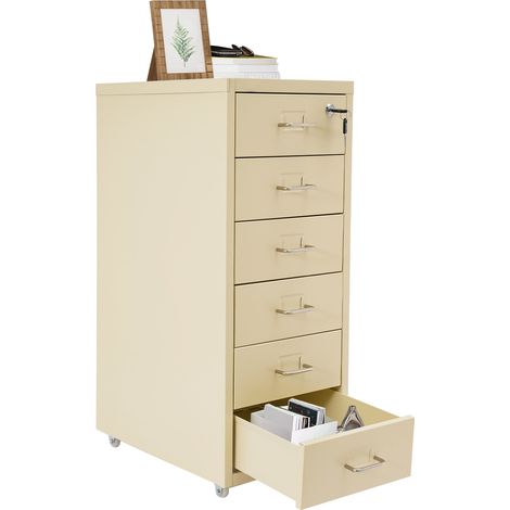 YISSALE – Caisson de bureau métallique à roulettes avec 6 tiroirs verrouillables, organisateur et rangement de bureau, meuble mobile sous bureau, 28 × 41 × 69 cm, beige (1/5)