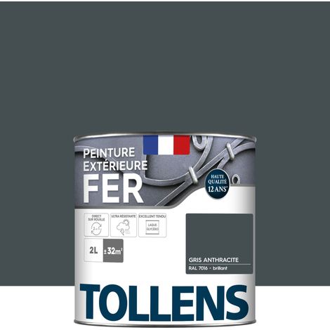 Tollens – Peinture fer extérieure brillante 2L – Ultra résistante, séchage rapide, antirouille – Couverture 32m² – Gris anthracite