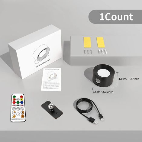 (Noir, 1 unité) Applique murale LED, 3 niveaux de luminosité, 3 modes de couleur, rotation à 360°. (1/5)