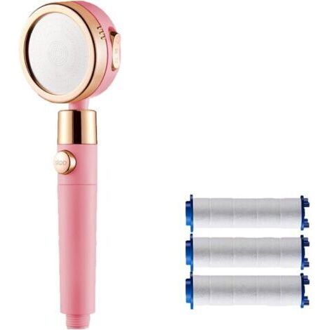 Duschkopf, wassersparender Anti-Kalk-Duschkopf, Hochdruck-Duschkopf für Badezimmer mit 3 + 1 Strahlarten und Filter, Ein-Tasten-Wasserabsperrung – ABS – Rosa