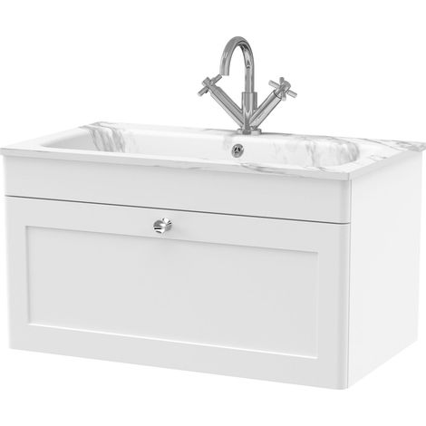 Swynnerton Traditional 1 Drawer Wall Hung Vanity Unit with Stone Basin, Satin White, 800mm