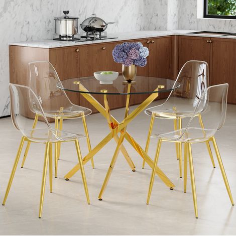 Table à manger ronde 88 cm en verre trempé avec 4 chaises transparentes, REDOM (1/5)
