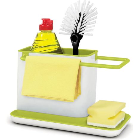 Rangement/organiseur d'évier avec égouttoir intégré, support pour éponge, brosse, liquide vaisselle, et lavette, démontable, taille normale, Blanc/Vert (1/2)