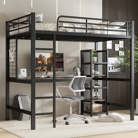 Hochbett 90x200 mit Schreibtisch und Regal, Metallhochbett aus Eisen und MDF, platzsparendes Jugendbett mit Stauraum, Schwarz und Holzoptik (1/5)