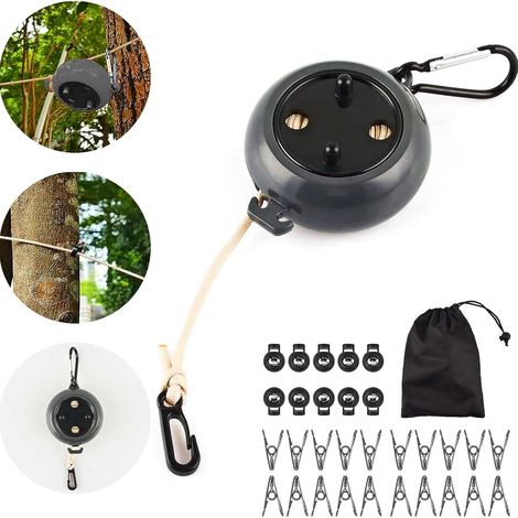Corde a Linge Retractable,Fil Rétractable,avec 10 Boucles Fixes et 20 Pinces Coupe-Vent, Clothesline Exterieur Portable pour Drap de Lit, Fil à Linge pour Jardin, Camping-Car, Buanderie, Voyage (1/2)