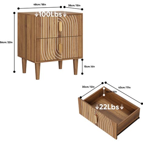 Table de nuit bohème à quatre pieds avec 2 tiroirs, chevet lignes géométriques incrustées, placard noyer, bureau rangement chambre (1/5)
