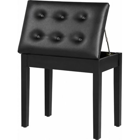Banquette de piano, revêtement en similicuir, boutons matelassés, espace de rangement, pieds en bois, noir (1/5)