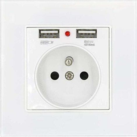 Prise de Courant Panneau en Verre Prise Standard Français Murale avec Indicateur de Puissance de Charge Usb Double 2.1A, Prise Standard Français Encastrée 16A 250V Blanc (1/4)