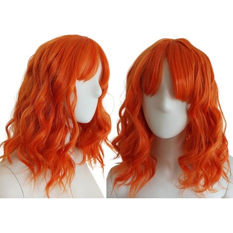 Schulterlange, orange-rote Wellenperücke mit Pony (1/5)