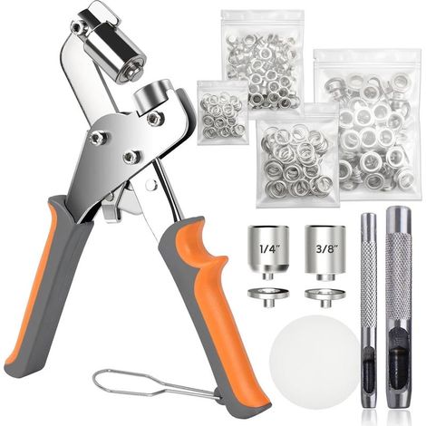 Kit de Pinces à Œillets avec 200 Œillets Argentés – Pinces Double Tête 3/8" & 1/4" pour Bâches, Tissus, Cuir, Tentes, Vinyle et Toile (1/5)