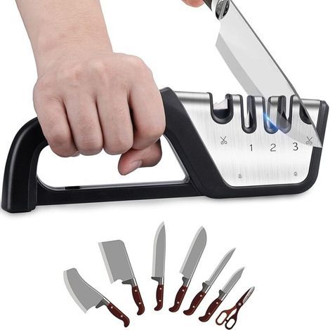 Professional 4-in-1 Hunting Knife Sharpener with 4 Speeds, Robust Diamond Blade, Truly Works on Ceramic and Steel Knives and Scissors, Manual Knife Sharpener (1/5)