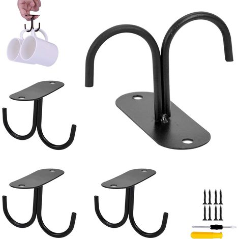 4 soportes colgantes para tazas de café de metal negro, 2 ganchos, para guardar y colgar utensilios de cocina, con 8 tornillos y destornillador. (1/5)