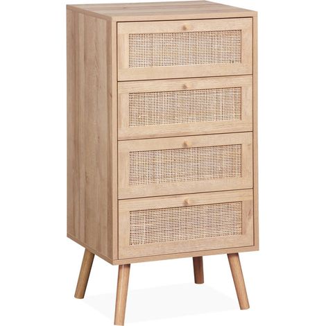 Commode chiffonnier 4 tiroirs effet bois et cannage (1/5)