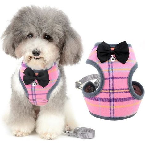 (Rose)Harnais et Laisse Petit Chien Anti Traction avec nœud Papillon Cloche de sécurité,Anti-Fuite Reglable Harnais pour Chats/Chaton L (1/5)