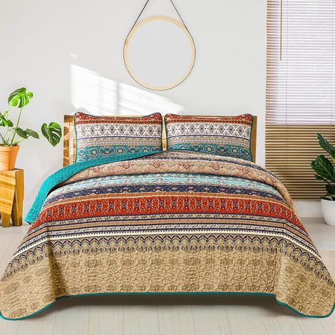 Couvre-lit bohème Roi rayé Motif imprimé Terre Cuite Boho matelassé Ensemble pour Toute la Saison, Couette en Microfibre Douce Double Taille 240x260cm (1/5)