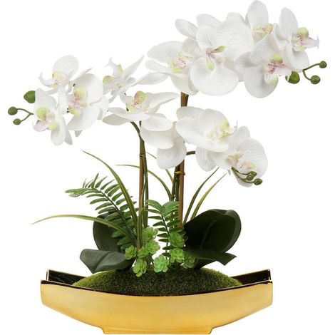 Künstliche Orchidee Phalaenopsis Deko Blumen Tischdeko 38CM Weiß Gold Pot (1/5)