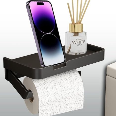 Portarotolo di carta igienica nero con ripiano e vano portaoggetti. Portarotolo di carta igienica in metallo da parete. Dispenser di carta per il WC della cucina. (1/5)